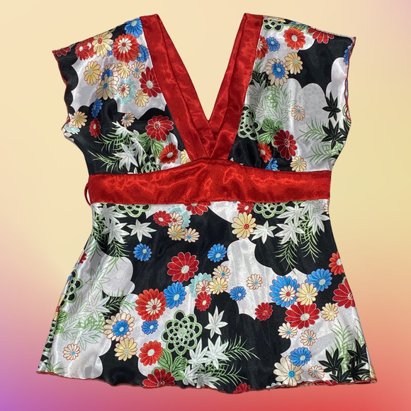 ESTAM Red Floral V-Neck Blouse Size Large - Picture 12 of 14